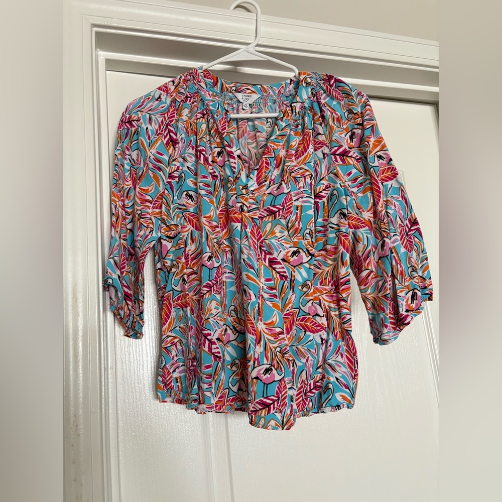 Crown & Ivy Multicolor Flamingo Print Blouse